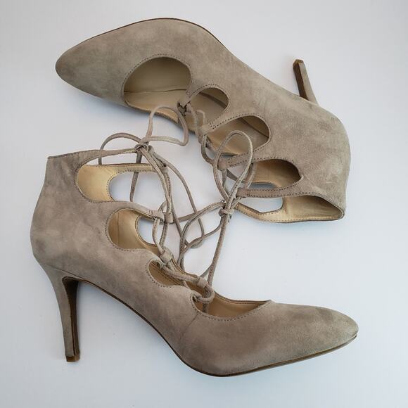 Karl Lagerfeld Taupe Suede Laced Paris Jasmin Heels - Picture 6 of 9